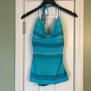 Hobie Blue Stripe Open Back Halter Tankini Top